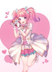 Rule 34 | 1girl, absurdres, bang dream!, blue bow, blush, bow, box, breasts, commentary request, dress, gloves, hair bow, hair ornament, heart, highres, holding, holding box, long hair, looking at viewer, maruyama aya, medium breasts, merryj, open mouth, pink eyes, pink hair, ribbon, shoes, short sleeves, solo, teeth, twintails, upper teeth only, white bow, white dress, white footwear, white gloves