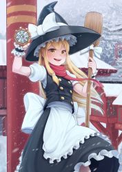 Rule 34 | 1girl, absurdres, black hat, blonde hair, blush, bow, broom, brown eyes, day, goback, hat, hat bow, hat ribbon, highres, holding, holding broom, kirisame marisa, long hair, looking at viewer, master spark, mini-hakkero, open mouth, outdoors, ribbon, smile, snow, snowing, solo, standing, torii, touhou, white bow, white ribbon, winter, witch hat, yin yang