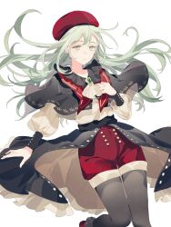 1girl absurdres ascot bang_dream! bang_dream!_it&#039;s_mygo!!!!! black_capelet black_thighhighs brooch buttons capelet earrings green_brooch green_hair highres instantaseternity jewelry long_hair long_sleeves mortis_(bang_dream!) puffy_long_sleeves puffy_sleeves red_shorts shorts thighhighs wakaba_mutsumi white_background