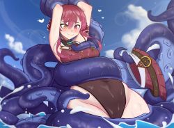 Rule 34 | 1girl, absurdres, ascot, astronowo, belt, breasts, brown belt, cloud, crop top, day, heart, heart-shaped pupils, heterochromia, highres, hololive, houshou marine, miniskirt, octopus, outdoors, pleated skirt, red ascot, red hair, red ribbon, red skirt, restrained, ribbon, skirt, symbol-shaped pupils, tentacles, twintails, undressing, virtual youtuber, yellow eyes