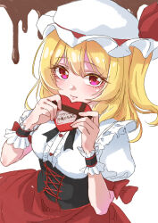Rule 34 | 0002koko, 1girl, absurdres, adapted costume, black corset, black ribbon, blonde hair, blush, bow, box, center frills, chocolate, closed mouth, commentary request, corset, cowboy shot, double-parted bangs, eyelashes, fang, flandre scarlet, frilled shirt, frilled wrist cuffs, frills, gift, hair between eyes, hands up, hat, hat bow, heart-shaped box, highres, holding, holding gift, lips, looking at viewer, medium hair, mob cap, neck ribbon, puffy short sleeves, puffy sleeves, red bow, red eyes, red skirt, ribbon, shirt, short sleeves, simple background, skin fang, skirt, sleeve bow, smile, solo, touhou, valentine, white background, white hat, white shirt, wrist cuffs