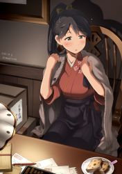 Rule 34 | 10s, 1girl, 2016, black hair, blue eyes, box, cardboard box, cardigan, chair, dated, desk, eyebrows, food, houshou (kancolle), indoors, kantai collection, lamp, looking at hand, paper, pen, picture frame, plastic wrap, plate, ponytail, sakura (medilore), plastic wrap, shadow, sitting, solo, twitter username, wall, wide sleeves