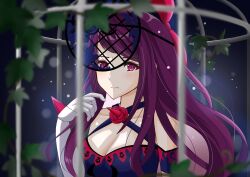 Rule 34 | 1girl, absurdres, bare shoulders, birdcage, blue dress, breasts, cage, chaton (chatoncerisier), cleavage, commentary request, dress, fire emblem, fire emblem engage, gloves, hand up, highres, in cage, ivy (fire emblem), large breasts, long hair, looking at viewer, nintendo, off-shoulder dress, off shoulder, purple eyes, purple hair, solo, swept bangs, very long hair, white gloves