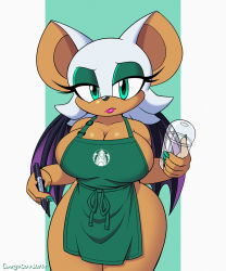 Rule 34 | 1girl, apron, bare shoulders, bat wings, bottle, breasts, cleavage, cowboy shot, eyelashes, eyeshadow, furry, furry female, green apron, green eyes, green eyeshadow, half-closed eyes, highres, holding, holding bottle, holding pen, iced latte with breast milk (meme), large breasts, lips, lipstick, looking at viewer, makeup, meme, omegasunburst, pen, pink lips, rouge the bat, sideboob, sonic (series), standing, thick thighs, thighs, wide hips, wings