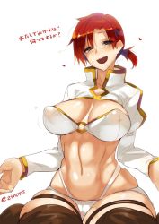 Rule 34 | 1girl, :d, abs, blush, boudica (fate), breasts, collarbone, covered erect nipples, fate/grand order, fate (series), green eyes, half-closed eyes, heart, highres, large breasts, looking at viewer, navel, open mouth, ponytail, red hair, short hair, short ponytail, shrug (clothing), simple background, sitting, smile, solo, translation request, twitter username, white background, z-ton