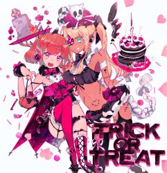 Rule 34 | 2girls, :d, ankle lace-up, aqua eyes, arm up, bandaged arm, bandages, bare arms, bare shoulders, black footwear, black legwear, black neckwear, black skirt, blonde hair, blush, bob cut, bone hair ornament, bow, bowtie, breasts, cake, candle, candy, center frills, character request, cherry, closed mouth, colored eyelashes, commentary, copyright request, crop top, cross-laced clothes, cross-laced footwear, cross-laced legwear, dark-skinned female, dark skin, dot nose, eyepatch, fang, fingernails, fishnet legwear, fishnets, food, food on face, footwear bow, frilled legwear, frilled skirt, frills, fruit, fur collar, garter straps, goemon (kawagoe), groin, hair ornament, halloween, hand up, hands up, high heels, highres, holding, holding plate, jewelry, knee up, large breasts, lollipop, long fingernails, long hair, lowleg, lowleg panties, microskirt, midriff, multiple girls, nail polish, navel, one eye covered, open mouth, orange hair, panties, pink bow, pink eyes, pink legwear, pink nails, pink neckwear, pinky ring, plate, pointy ears, pursed lips, raised eyebrows, ribbon, ring, shoes, short hair, simple background, skirt, small breasts, smile, spaghetti strap, sparkle, stitches, stomach, strap slip, swirl lollipop, thigh gap, thighhighs, trick or treat, twintails, underwear, white background, white ribbon, wrapped candy, wrist cuffs
