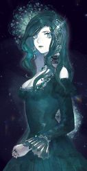 Rule 34 | 1girl, bare shoulders, black dress, black hair, black lips, blue eyes, bracelet, breasts, choker, cleavage, closed mouth, cowboy shot, dress, earrings, eyelashes, frown, gem, green dress, green gemstone, green hair, hair ornament, haiyahaiyohai, highres, jewelry, lace, lace-trimmed dress, lace choker, lace trim, lips, lipstick, long hair, long sleeves, looking at viewer, makeup, original, own hands together, pale skin, pendant, shards, solo, sparkle, tight clothes, wavy hair