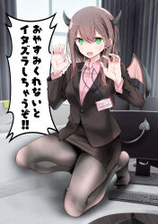 Rule 34 | 1girl, black pantyhose, blazer, breasts, brown hair, brown jacket, brown skirt, claw pose, collared shirt, commentary, curtains, demon girl, demon horns, demon tail, demon wings, desk, fine fabric emphasis, green eyes, highres, horns, indoors, jacket, keyboard (computer), large breasts, legs, long hair, long sleeves, monitor, name tag, no shoes, office lady, ol-chan (oouso), on desk, on one knee, oouso, open mouth, original, panties, panties under pantyhose, pantyhose, pantyshot, partially unbuttoned, pencil skirt, pink shirt, shadow, shirt, sidelocks, skirt, slit pupils, solo, speech bubble, squatting, tail, thighband pantyhose, thighs, underwear, wings