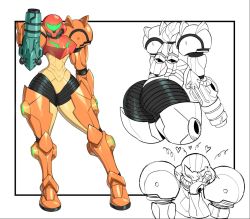 Rule 34 | 1girl, armor, ass, ass focus, blush, female focus, full armor, glowing, gun, hand on own face, heart, helmet, metroid, mossy, multiple views, nintendo, pauldrons, samus aran, science fiction, shoulder armor, simple background, solo, standing, thick thighs, thighs, weapon, white background