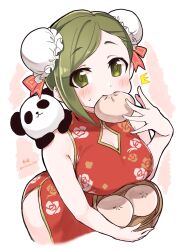 Rule 34 | 1girl, ^^^, alternate hairstyle, baozi, bare shoulders, blush, bow, breasts, brown trim, bun cover, china dress, chinese clothes, cleavage, cleavage cutout, clothing cutout, cropped torso, dot nose, double bun, dress, floral print, floral print dress, food, food in mouth, green hair, hair bow, hair bun, hair ribbon, hand up, highres, holding bamboo steamer, idolmaster, idolmaster shiny colors, kirikirimai (kkm), large breasts, looking at viewer, mouth hold, nanakusa hazuki, open hand, pink background, red dress, red ribbon, ribbon, rose print, shy, side slit, signature, sleeveless, sleeveless dress, solo, stuffed animal, stuffed panda, stuffed toy, sweatdrop, swept bangs, twitter username