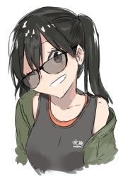 Rule 34 | 1girl, black hair, brown eyes, commentary request, glasses, green jacket, grey shirt, grin, head tilt, highres, jacket, kantai collection, looking at viewer, masukuza j, off shoulder, official alternate costume, one eye closed, sendai (kancolle), shirt, simple background, sleeveless, sleeveless shirt, smile, solo, twintails, upper body, white background