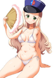 Rule 34 | 10s, 1girl, arm support, bc freedom (emblem), bc freedom military uniform, bikini, blonde hair, blue hat, breasts, closed mouth, commentary, cowboy shot, drill hair, emblem, folding fan, girls und panzer, green eyes, hand fan, hat, head tilt, holding, invisible chair, leaning back, long hair, looking at viewer, marie (girls und panzer), medium breasts, military, military hat, military uniform, navel, ponytail korosuke, shako cap, side-tie bikini bottom, sitting, smile, solo, sweat, swimsuit, uniform, white bikini