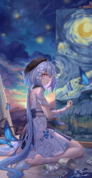 Rule 34 | 1girl, absurdres, ahoge, barefoot, beret, blue butterfly, blue hair, bug, butterfly, cloud, cloudy sky, dress, full body, griseo, griseo (starry impression), hat, highres, holding, holding brush, honkai (series), honkai impact 3rd, insect, long hair, looking at viewer, looking back, night, night sky, open mouth, painting (action), painting (object), palette (object), purple eyes, short sleeves, sitting, sky, soles, solo, thighs, toes, twintails, wariza, white dress, yelan xing xuan