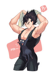 Rule 34 | !?, 1boy, biceps, black eyes, black hair, blush, bodysuit, bodysuit pull, cat, dragon ball, drying, gloves, highres, kneading, looking at another, male focus, minor (minor2730), muscular, nyan, pectoral cleavage, pectorals, short hair, simple background, spiked hair, towel, vegeta, wet, white gloves