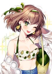 Rule 34 | 10s, 1girl, ;d, avocado, bag, bang dream!, blush, breasts, brown hair, cleavage, collarbone, crop top, denim, earrings, food-themed earrings, food print, green eyes, green ribbon, hair ribbon, halterneck, hand in own hair, highres, iso1206, jacket, jeans, jewelry, looking at viewer, medium breasts, midriff, navel, one eye closed, open mouth, pants, ribbon, short hair, shoulder bag, signature, smile, solo, sparkle, striped ribbon, white jacket, yamato maya