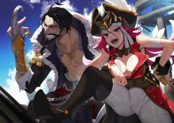 Rule 34 | 1boy, 1girl, :d, bare pectorals, beard, black footwear, black hair, blue coat, blue eyes, boots, breasts, chain, cleavage, cloud, coat, edward teach (fate), facial hair, fate/grand order, fate (series), francis drake (fate), grin, hat, large breasts, long hair, manly, mustache, open mouth, pants, pectorals, pink hair, pirate, pirate hat, pixiv fate/grand order contest 2, red coat, scar, scar on face, scottie (phantom2), skin tight, sky, smile, teeth, thigh boots, thighhighs, white pants
