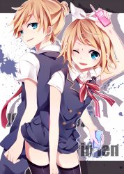 Rule 34 | 1boy, 1girl, aqua eyes, back-to-back, black thighhighs, blonde hair, brother and sister, cellphone, fang, hair ornament, hair ribbon, hairclip, kagamine len, kagamine rin, kouko, looking back, necktie, one eye closed, open mouth, phone, ribbon, school uniform, short hair, shorts, siblings, smile, thighhighs, twins, vocaloid, wink