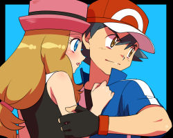 Rule 34 | 10s, 1boy, 1girl, :o, amada, ash ketchum, bare arms, baseball cap, black gloves, black hair, blue eyes, blush, border, brown eyes, brown hair, couple, creatures (company), eyelashes, fingerless gloves, game freak, gloves, hand on another&#039;s chest, hat, hetero, holding another&#039;s arm, hug, light brown hair, long hair, looking at another, low-tied long hair, neck, nintendo, open mouth, parted lips, pokemon, pokemon (anime), pokemon xy, pokemon xy (anime), popped collar, serena (pokemon), serious, short sleeves, shy, sleeveless, surprised, upper body