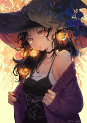 Rule 34 | 1girl, black hair, blue flower, blue rose, brown eyes, camisole, camisole over clothes, cardigan, chachie, choker, cross-laced clothes, earrings, flower, hair ornament, halloween, halterneck, hat, highres, jack-o&#039;-lantern, jewelry, long hair, long sleeves, looking at viewer, off shoulder, open cardigan, open clothes, original, pink flower, pink rose, pumpkin, rose, sleeves past wrists, spaghetti strap, upper body, witch, witch hat