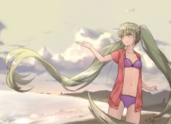 Rule 34 | 2016, breasts, cloud, dated, gluteal fold, green eyes, green hair, hatsune miku, jacket, jacket over swimsuit, long hair, long twintails, medium breasts, navel, ocean, outstretched arm, smile, swimsuit, swimsuit under clothes, thighs, vocaloid, zhayin-san