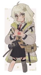 Rule 34 | 1girl, ahoge, arknights, artist name, black thighhighs, camera, dslr, hair ornament, heart, heart hands, highres, jacket, long sleeves, looking at viewer, open clothes, open jacket, rbfnrbf (mandarin), scene (arknights), short hair, silver hair, single thighhigh, solo, thighhighs, white jacket, yellow eyes