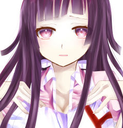 Rule 34 | 10s, 1girl, absurdres, apron, breasts, cleavage, danganronpa (series), danganronpa 2: goodbye despair, face, hands on breasts, highres, large breasts, long hair, looking at viewer, open mouth, purple eyes, purple hair, simple background, solo, takao-imt, tsumiki mikan, white background
