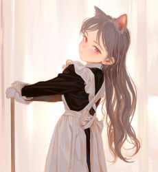 Rule 34 | 1girl, animal ears, apron, artist name, blush, closed mouth, feiqizi (fkey), fkey, frown, gloves, grey hair, head tilt, highres, long hair, looking at viewer, looking to the side, maid, maid apron, original, pink eyes, solo, standing, white background, white gloves
