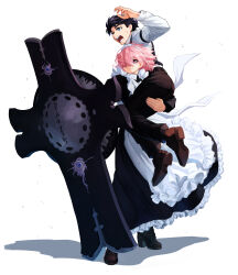 Rule 34 | 1boy, 1girl, absurdres, alternate costume, amami tokko, apron, black dress, black hair, blue eyes, brown footwear, commentary request, dress, enmaided, fate/grand order, fate (series), floating hair, frilled apron, frills, fujimaru ritsuka (male), fujimaru ritsuka (male) (anniversary blonde), full body, high heels, highres, holding, holding shield, holding weapon, light purple hair, long sleeves, looking away, maid, maid apron, maid headdress, mash kyrielight, open mouth, purple eyes, shadow, shield, shirt, shoes, short hair, simple background, teeth, weapon, white apron, white background, white shirt