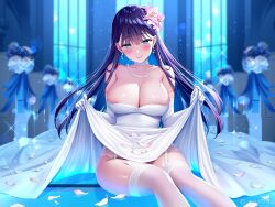 Rule 34 | 1girl, aqua eyes, black hair, blue hair, blunt bangs, blurry, blurry background, breasts, bridal gauntlets, cleavage, closed mouth, clothes lift, collarbone, colored inner hair, dress, dress lift, flower, garter belt, garter straps, gloves, hair flower, hair ornament, highres, jewelry, large breasts, long hair, looking at viewer, multicolored hair, necklace, original, pearl necklace, pink flower, re:shimashima, sitting, skindentation, skirt, skirt lift, smile, solo, thighhighs, wedding dress, white dress, white gloves, white thighhighs, window
