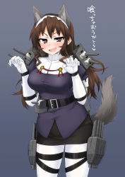 Rule 34 | 10s, 1girl, animal ears, ashigara (kancolle), bad id, bad pixiv id, belt, blush, breasts, brown eyes, brown hair, claw pose, dakku (ogitsune), elbow gloves, fangs, gloves, hairband, heart, heart-shaped pupils, kantai collection, large breasts, long hair, machinery, open mouth, pantyhose, smile, solo, symbol-shaped pupils, tail, translation request, wavy hair, white gloves, white pantyhose, wolf ears, wolf tail