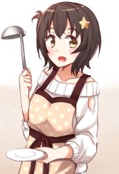 Rule 34 | 1girl, :d, absurdres, apron, bad id, bad pixiv id, beige apron, beige background, blush, brown eyes, brown hair, collarbone, gradient background, hair between eyes, hair ornament, high school fleet, highres, holding, irako mikan, kapatarou, ladle, long sleeves, off-shoulder, off-shoulder sweater, off shoulder, open mouth, polka dot, polka dot apron, smile, solo, star (symbol), star hair ornament, sweater, white background, white sweater