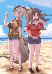 Rule 34 | 2girls, absurdres, animal ears, arm at side, bare arms, bare legs, bare shoulders, beach, belt, black hair, blouse, blue sky, blush, braid, breasts, brown eyes, cleavage, closed mouth, commentary request, crocodilian tail, cutoffs, day, denim, denim shorts, extra ears, fingernails, floating hair, french braid, full body, green eyes, green hair, hand on own hip, hand up, high ponytail, highres, hippopotamus (kemono friends), hippopotamus ears, horizon, kemono friends, large breasts, long hair, looking at viewer, midriff, multicolored hair, multiple girls, navel, ocean, off shoulder, official alternate costume, outdoors, red hair, saltwater crocodile (kemono friends), sand, sandals, shirt, shoes, short shorts, short sleeves, shorts, sidelocks, sky, slit pupils, smile, standing, stomach, tail, teriiman, tied shirt, toes, two-tone hair, water, wind