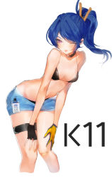 Rule 34 | 1girl, :p, bandaid, bandaid on knee, bandaid on leg, bikini, black bikini, blue hair, blue shorts, blush, breasts, character name, clothes pin, collarbone, girls&#039; frontline, groin, hair between eyes, hands on own thighs, head tilt, k11 (girls&#039; frontline), leaning forward, leather choker, long hair, medium breasts, messy hair, name tag, one eye closed, peanutc, purple eyes, short shorts, shorts, side ponytail, sidelocks, simple background, smile, solo, stomach, swimsuit, thigh strap, thighs, tongue, tongue out, unbuttoned pants, white background