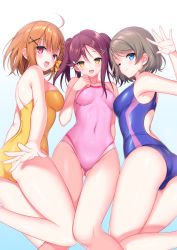 Rule 34 | 3girls, :d, ;), ahoge, arm up, ass, backless swimsuit, bare arms, bare shoulders, blue background, blue eyes, blue one-piece swimsuit, blush, bow, braid, breasts, brown hair, closed mouth, collarbone, commission, competition swimsuit, covered navel, feet out of frame, gradient background, groin, hair between eyes, hair bow, hair ornament, hairclip, highres, love live!, love live! sunshine!!, medium breasts, multiple girls, one-piece swimsuit, one eye closed, open mouth, pink one-piece swimsuit, pixiv commission, purple hair, red eyes, sacraneco, sakurauchi riko, simple background, smile, swimsuit, takami chika, thighs, twintails, watanabe you, white background, x hair ornament, yellow bow, yellow eyes, yellow one-piece swimsuit