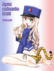 Rule 34 | 1girl, 2022, anal, anal object insertion, anal tail, animal print, ass, barefoot, bc freedom military uniform, blonde hair, blush, bra, breasts, butt crack, chinese zodiac, covered erect nipples, eating, fake tail, girls und panzer, green eyes, hat, long hair, looking at viewer, looking back, marie (girls und panzer), military, military hat, military uniform, object insertion, oosaka kanagawa, open mouth, panties, side-tie panties, small breasts, solo, tail, tiger print, tiger tail, underwear, uniform, year of the tiger