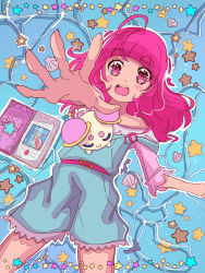 Rule 34 | 1girl, ahoge, belt, blouse, blue overalls, blunt bangs, blush, blush stickers, commentary, cowboy shot, from above, fuwa (precure), hair down, happy birthday, hoshina hikaru, in water, long hair, looking at viewer, lukasandatta, lying, off shoulder, open mouth, overalls, partially submerged, pink belt, pink eyes, pink hair, pink shirt, precure, reaching, round teeth, scallop, seashell, shell, shirt, short eyebrows, sleeping, sleeping on person, star (symbol), star twinkle precure, strap slip, teeth, thick eyebrows, twinkle book, upper teeth only, water, wet