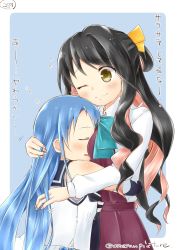 Rule 34 | 10s, 2girls, bare shoulders, black hair, blue bow, blue bowtie, blue hair, blush, bow, bowtie, breast pillow, breasts, closed eyes, commentary request, eyebrows, gradient hair, hair bow, highres, hug, kantai collection, long hair, long sleeves, mae (maesanpicture), medium breasts, multicolored hair, multiple girls, naganami (kancolle), numbered, one eye closed, pink hair, samidare (kancolle), school uniform, serafuku, shiny skin, smile, translation request, twitter username, very long hair, yellow bow, yellow eyes