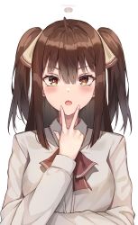 Rule 34 | 1girl, absurdres, ahoge, ascot, blouse, blush, brown eyes, brown hair, commentary request, eyelashes, facing viewer, fang, forehead, hair between eyes, hair ornament, highres, long bangs, long hair, long sleeves, looking at viewer, multicolored eyes, open mouth, original, schuld, shadow, shirt, simple background, skin fang, solo, twintails, upper body, v-shaped eyebrows, w, white background, white shirt, yellow eyes