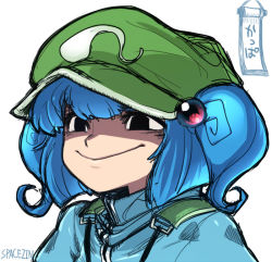 Rule 34 | 1girl, :&gt;, black eyes, blue hair, hat, kawashiro nitori, short twintails, smile, smug, solo, spacezin, touhou, troll face, twintails, two side up, upper body