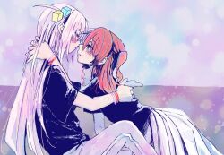 Rule 34 | 2girls, ao (aymr6215), black shirt, blush, bocchi the rock!, bracelet, closed eyes, cube hair ornament, gotoh hitori, hair ornament, hand on another&#039;s back, hand on another&#039;s neck, imminent kiss, jewelry, kita ikuyo, long hair, looking at another, matching accessory, multiple girls, pants, pink background, pink hair, pink pants, red hair, shirt, side ponytail, sitting, skirt, very long hair, white skirt, yellow eyes, yuri
