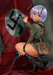 Rule 34 | 1girl, antennae, belt, black footwear, boots, finger on trigger, flag, ginjuuji, gun, handgun, highres, holding, holding gun, holding weapon, kneeling, light purple hair, looking back, luger p08, military, military uniform, nazi, open mouth, original, pistol, pouch, red eyes, short hair, smile, solo, squatting, suspenders, swastika, thigh strap, uniform, weapon, wehrmacht