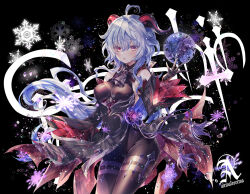 Rule 34 | 1girl, :o, ahoge, bare shoulders, bell, black background, black gloves, black leotard, blue hair, blush, bodystocking, breasts, cleavage, comiket 101, covered navel, cowbell, cowboy shot, detached collar, detached sleeves, fingerless gloves, floating hair, flower, ganyu (genshin impact), genshin impact, gloves, goat horns, hair between eyes, horns, kobayashi yoshitaka, large breasts, leotard, long hair, long sleeves, looking at viewer, low ponytail, medium breasts, open mouth, orb, outstretched arm, parted lips, purple eyes, smile, snowflakes, solo, standing, tassel, thighs, very long hair