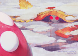 Rule 34 | autumn leaves, bulborb, colored skin, commentary request, dated, hiding, holding straw, ice, lying, maykamonin, nintendo, no humans, no mouth, on stomach, outdoors, pikmin (creature), pikmin (series), pixiv username, polka dot, red eyes, snow, spitting, twitter username, white pikmin, white skin