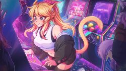 Rule 34 | 3girls, :q, animal ears, arcade, arcade cabinet, bare shoulders, black jacket, black thighhighs, breasts, cat ears, cat girl, cat tail, earphones, earrings, facial mark, final fantasy, final fantasy xiv, hair ornament, heart, heart earrings, highres, indoors, jacket, jewelry, large breasts, leaning forward, long sleeves, merunyaa, multiple girls, nail polish, navel, off shoulder, open clothes, open jacket, original, pink shorts, playing games, ponytail, shorts, skirt, slit pupils, solo focus, stomach, sweat, tail, thighhighs, tongue, tongue out, warrior of light (ff14), whisker markings
