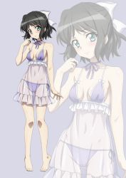 Rule 34 | 1girl, black hair, blue eyes, blush, breasts, cleavage, closed mouth, collarbone, fujikawa daichi, full body, hair ornament, hair ribbon, kohinata miku, lingerie, looking at viewer, navel, negligee, panties, purple background, purple panties, ribbon, senki zesshou symphogear, shiny skin, short hair, simple background, small breasts, smile, solo, standing, underwear