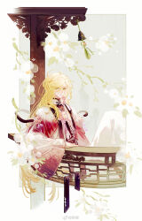 Rule 34 | 1boy, alternate color, arm rest, bell, black shirt, blonde hair, cherry blossoms, closed mouth, earrings, feet out of frame, flower, flower earrings, flower ornament, gradient clothes, green eyes, highres, jewelry, light smile, long hair, long sleeves, looking at viewer, male focus, official alternate costume, pink flower, procreate (medium), railing, red robe, robe, shirt, shuling, single earring, sitting, solo, swept bangs, tassel, tassel earrings, the tale of food, turtleneck, white flower, white robe, wide sleeves, yangzhou fried rice (the tale of food)