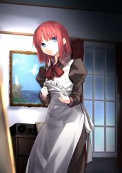 Rule 34 | 1girl, apron, blue eyes, brown dress, chiizu ore, commentary request, curtains, dress, highres, hisui (tsukihime), holding, holding headdress, indoors, juliet sleeves, long sleeves, looking at viewer, maid, maid apron, maid headdress, neck ribbon, painting (object), parted lips, puffy sleeves, red hair, red ribbon, removing headwear, ribbon, short hair, solo, tsukihime, white apron, white headwear, window, wing collar