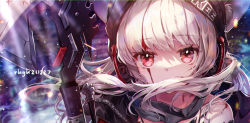 Rule 34 | 1girl, animal ears, arknights, bare shoulders, black headwear, blood, blood on face, close-up, clothes writing, dated, ears through headwear, floating hair, fox ears, fox girl, frostleaf (arknights), grey hair, highres, holding, holding polearm, holding weapon, material growth, ninjinshiru, oripathy lesion (arknights), polearm, portrait, red eyes, scar, scar across eye, solo, weapon