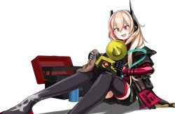 Rule 34 | 1girl, banana (girls&#039; frontline), black shorts, black thighhighs, blonde hair, cloth, fang, girls&#039; frontline, headgear, highres, jacket, long hair, m4 sopmod ii (girls&#039; frontline), m4 sopmod ii (mod3) (girls&#039; frontline), mechanical arms, megaphone, mod3 (girls&#039; frontline), multicolored hair, open mouth, pink hair, prosthesis, prosthetic arm, red eyes, shadow, shorts, simple background, single mechanical arm, sitting, streaked hair, thighhighs, white background, yotubawatane