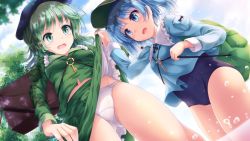 Rule 34 | 2girls, backpack, bag, blue eyes, blue hair, blue headwear, blue one-piece swimsuit, box, breasts, clothes lift, commentary request, cowboy shot, day, dutch angle, from below, gluteal fold, green bag, green eyes, green hair, green headwear, hat, highres, kawashiro nitori, key, lzh, medium hair, multiple girls, no pants, one-piece swimsuit, outdoors, panties, short hair, skirt, skirt flip, skirt lift, sky, small breasts, standing, swimsuit, swimsuit under clothes, thighs, touhou, two side up, underwear, upskirt, wading, yamashiro takane